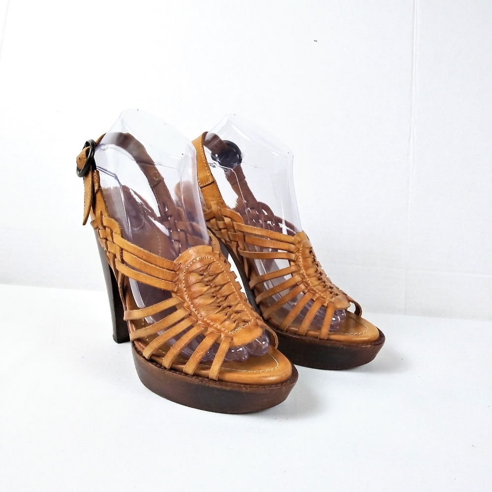 Frye Joy Huarache Platform Sandals Size 7.5 Braided Woven Leather Heels Brown